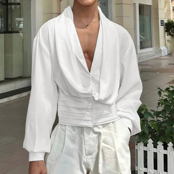 AIDASE  -  Tops 2025 Korean Style New Men's Fake Two-piece Suit Collar Casual Simple Male Solid Pleated Long Sleeved Blazers S-5XL aidase-shop